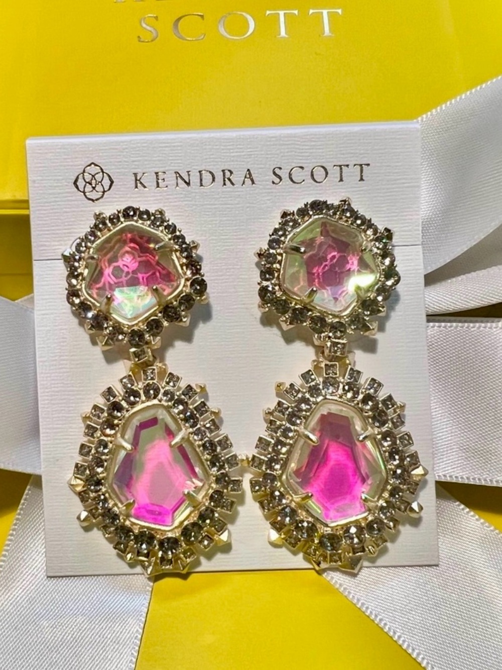NWT Kendra Scott Althea Earrings Dichroic CZ’s Yellow Gold Statement Earrings!